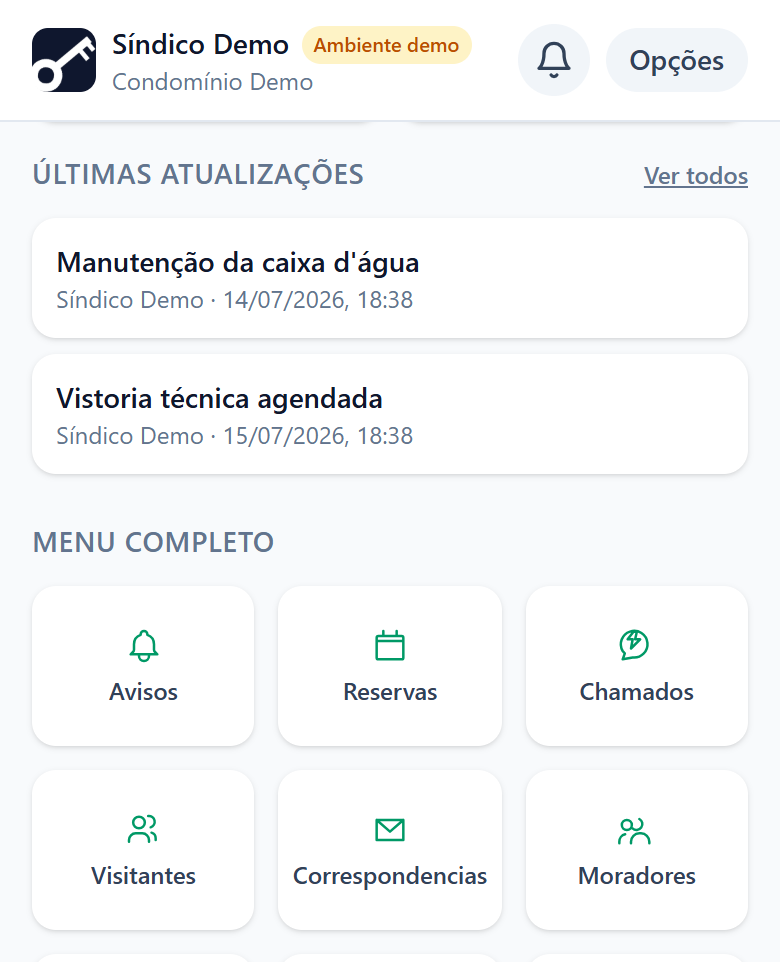 Painel do síndico no CondomínioKey, mostrando os últimos avisos e o menu completo de módulos: Avisos, Reservas, Chamados, Visitantes, Correspondências e Moradores.